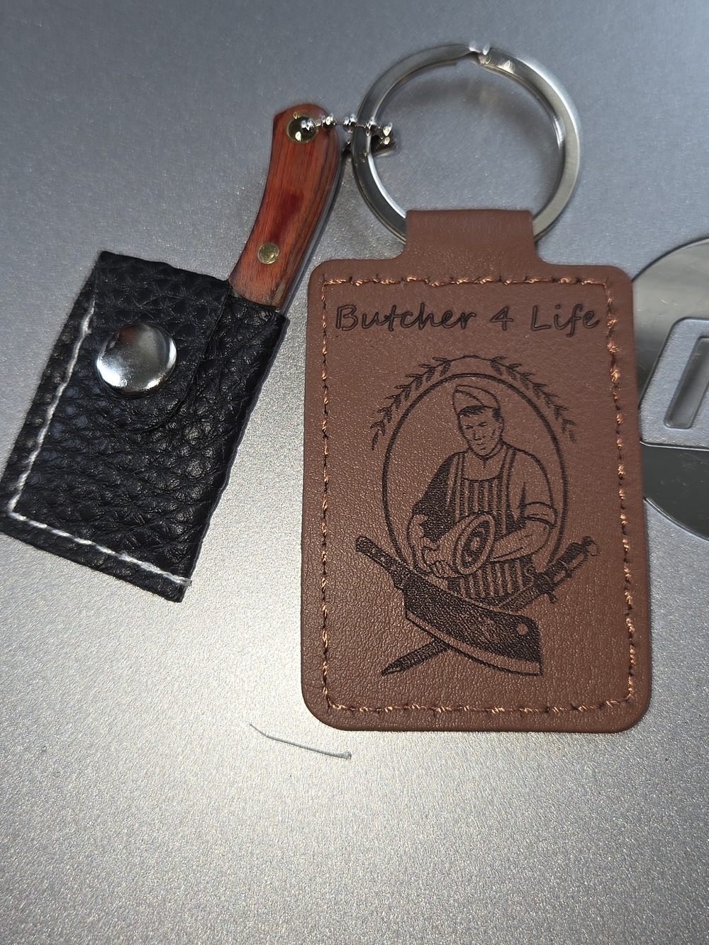 Butcher 4 Life Brown Leather Keychain with Mini Cleaver Charm